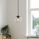 Globe Pendant Light Clear Glass Black Cap E27