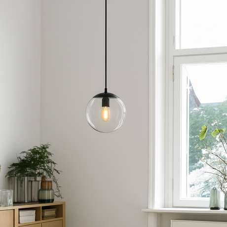 Globe Pendant Light Clear Glass Black Cap E27