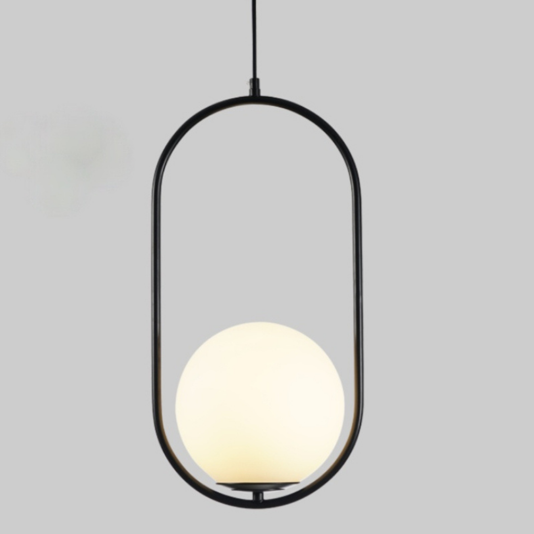 Black oval hoop pendant lit against a plain grey studio background