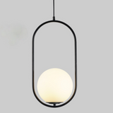 Black oval hoop pendant lit against a plain grey studio background