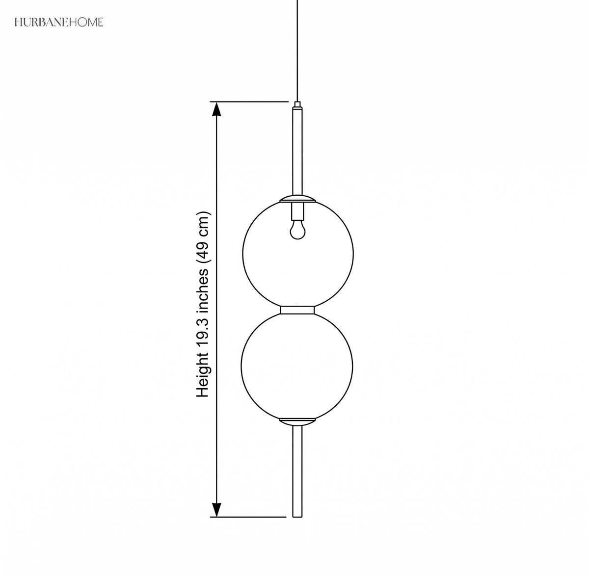 Line drawing of the two globe pendant marked 19.3 in in height