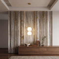 Opal globe pendant lit in front of a veined stone feature wall