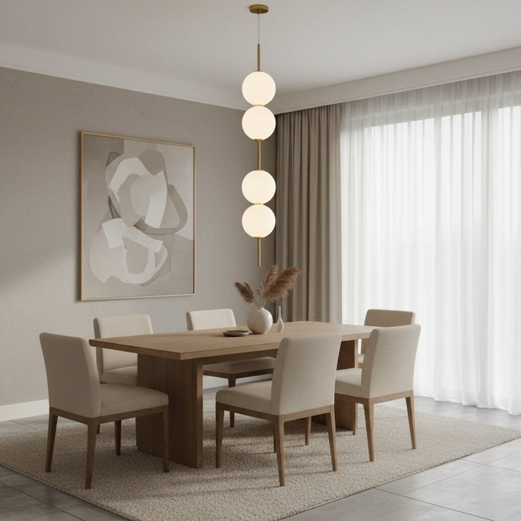 Studio view of the four globe pendant marked 85 cm in height