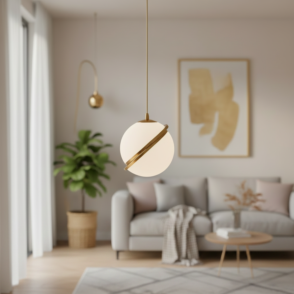 A modern pendant light with a spherical frosted white glass shade and a diagonal brushed gold metal accent, hanging in a softly blurred contemporary living room.