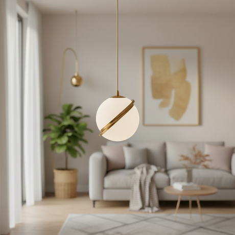 A modern pendant light with a spherical frosted white glass shade and a diagonal brushed gold metal accent, hanging in a softly blurred contemporary living room.