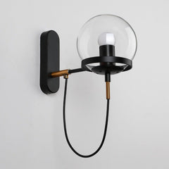 Black globe wall sconce shown unlit against a white background