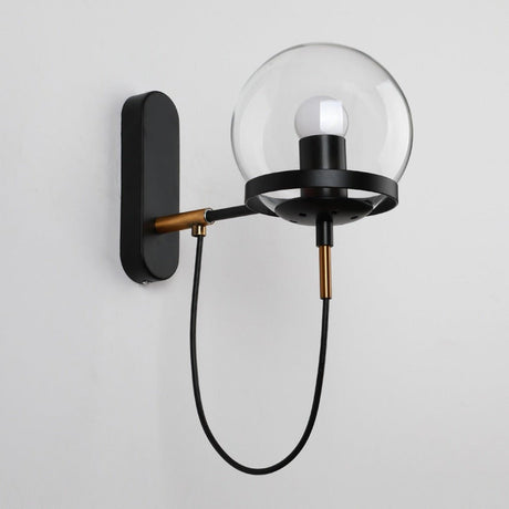 Black globe wall sconce shown unlit against a white background