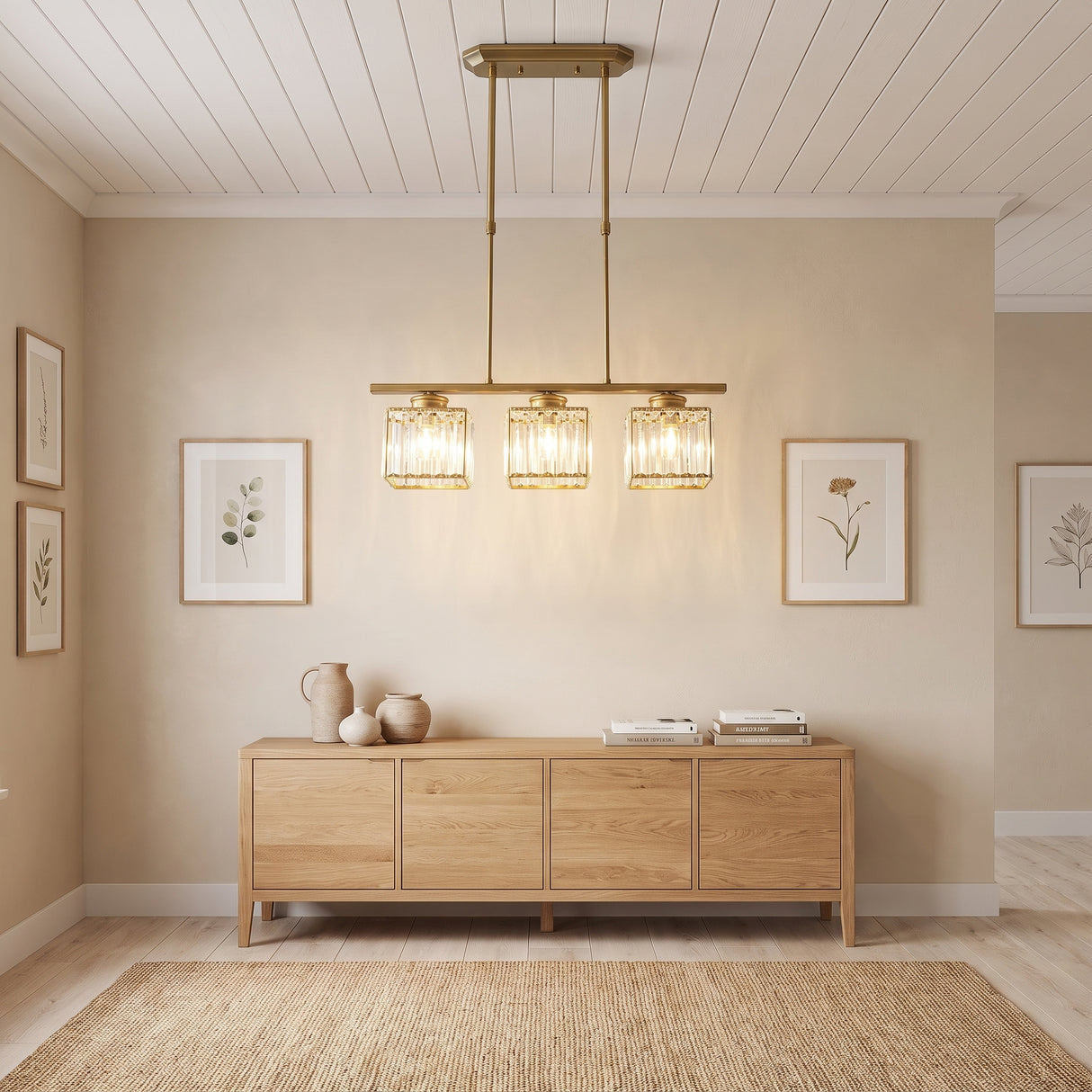 Gold three light linear pendant light above an oak sideboard and framed prints