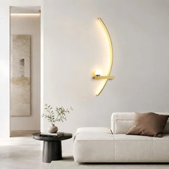 Gold arc LED wall light detail showing the slim linear band and globe