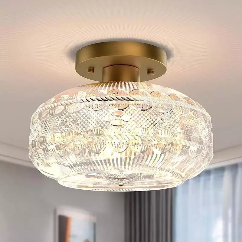 Gold engraved glass ceiling light with single bulb