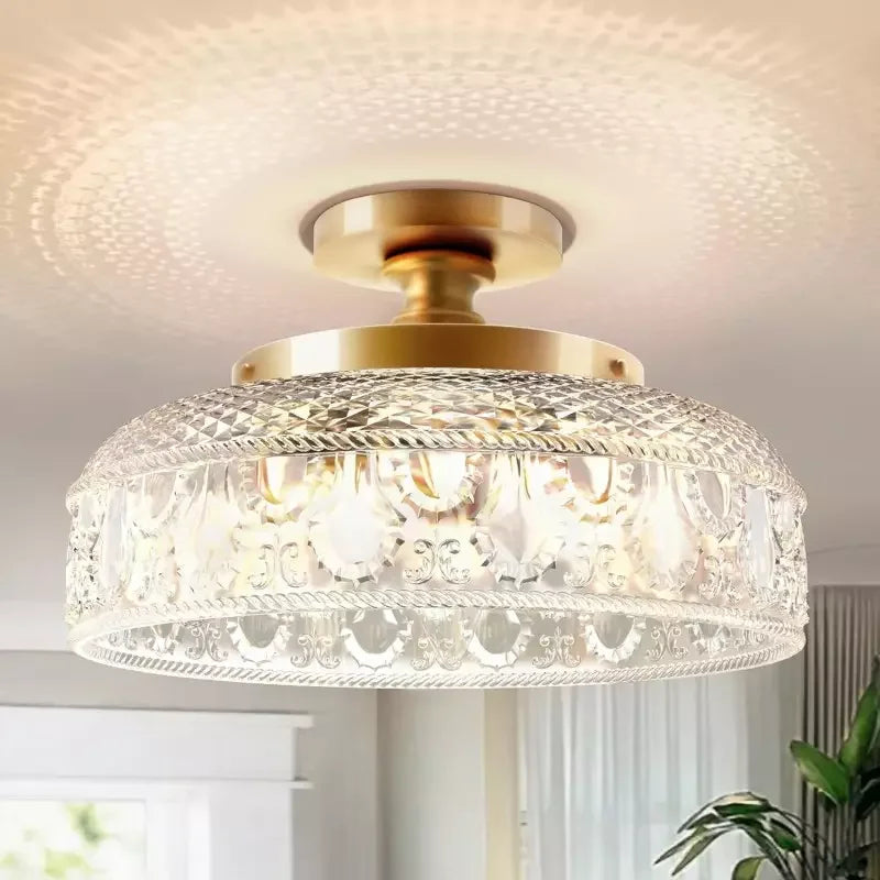 Gold patterned glass semi flush mount ceiling light