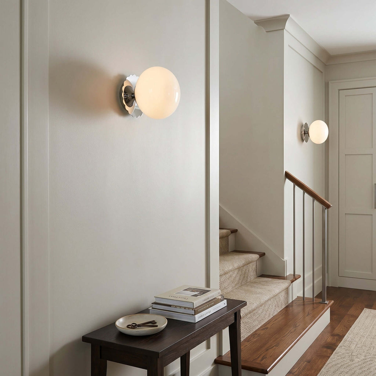 White opal globe wall sconce standing 7.1 inches from the wall, view 6