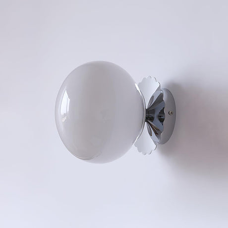 Pink glass globe wall sconce with a gold scalloped plate, view 27