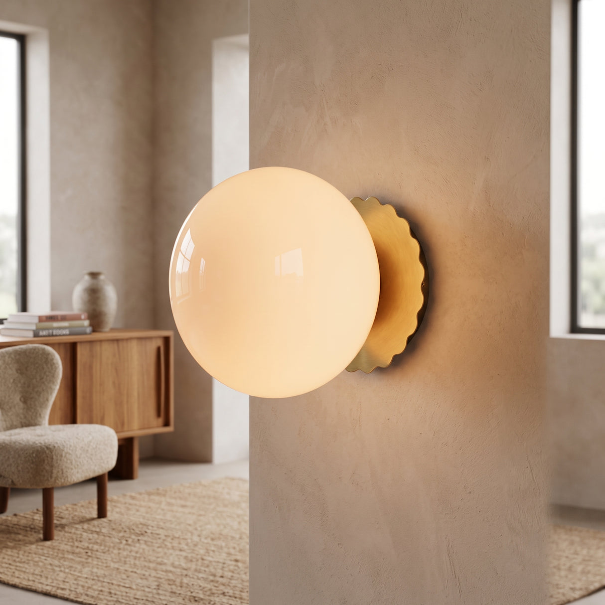 Opal glass globe wall sconce on gold scalloped backplate, plaster wall