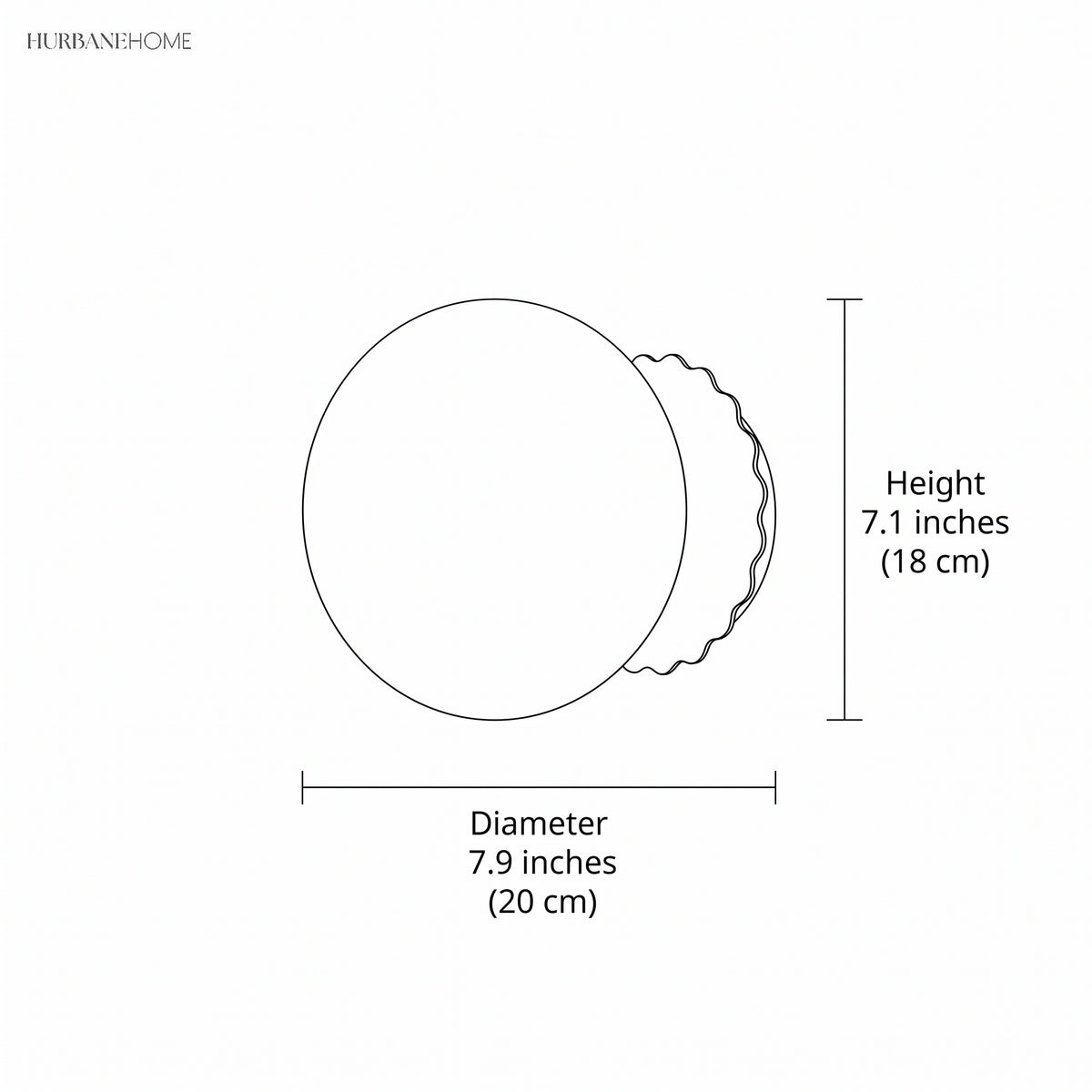 Line drawing of globe sconce, 7.1 inch height by 7.9 inch diameter