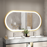 Frameless led mirror mounted above modern bathroom vanity