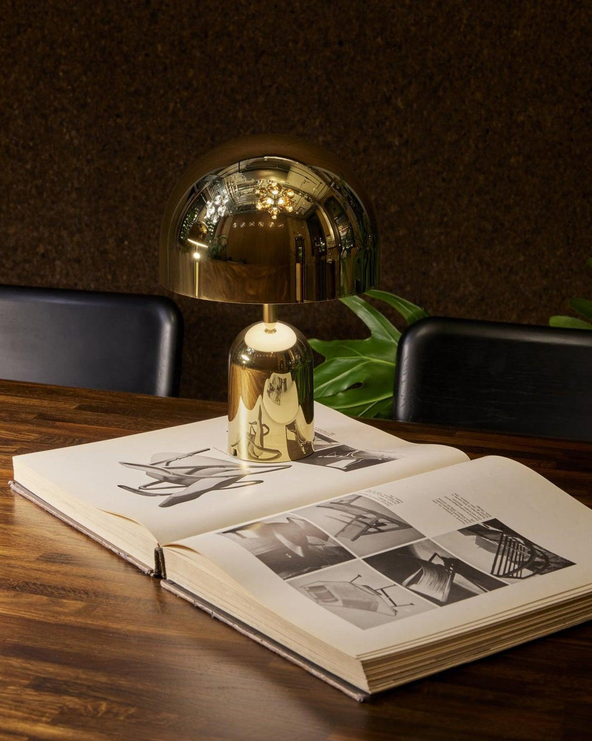 Gold dome lamp beside an open book and a green plant on a dark surface