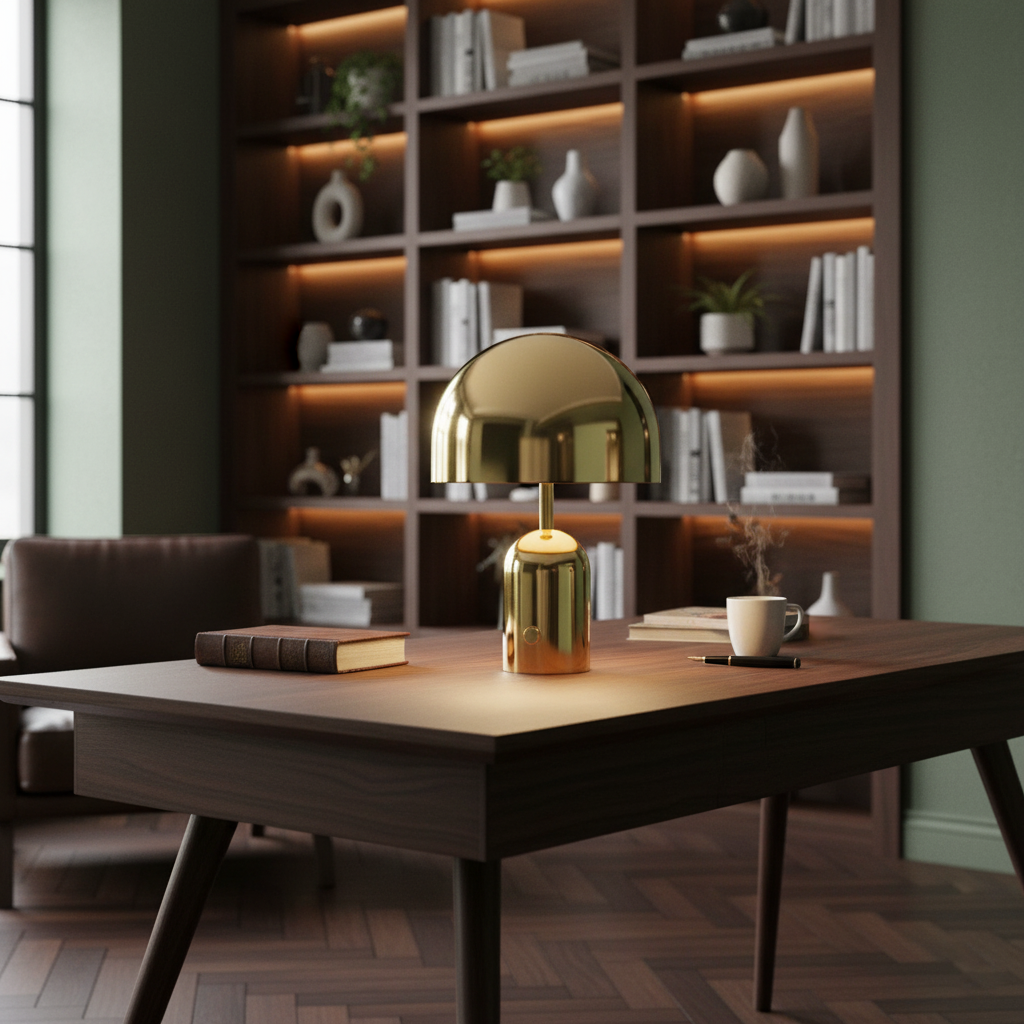 Gold dome lamp lit on a desk in front of a wall of lit timber shelving