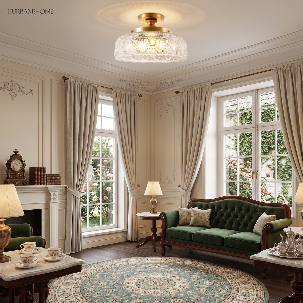 Gold vintage glass ceiling light glowing above a green sofa and windows