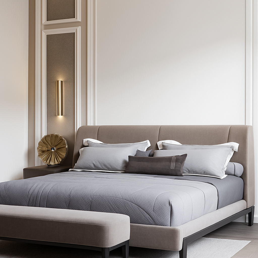 Gold tube sconce lit on a bedroom wall above a headboard