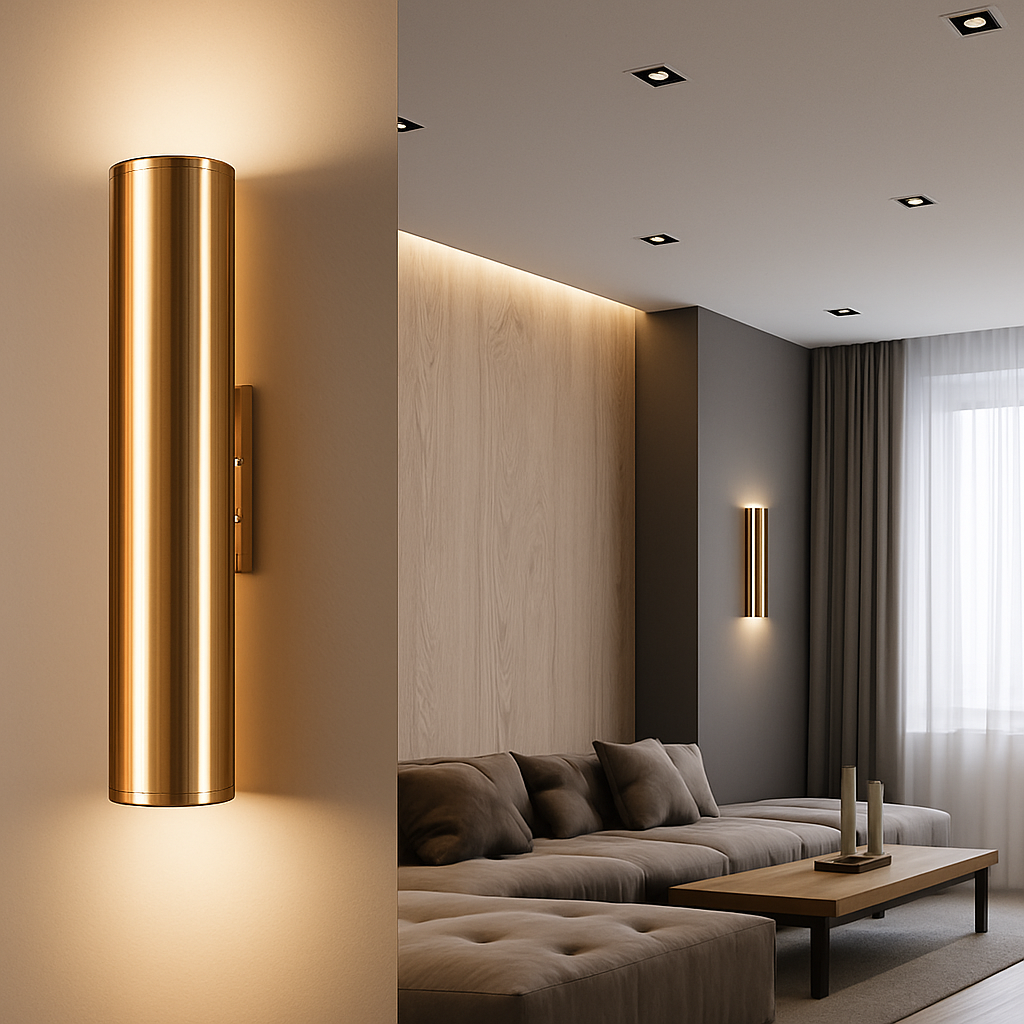 Gold tube sconce lit beside a view of a living room