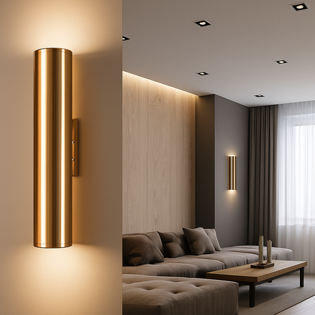 Gold tube sconce lit beside a view of a living room