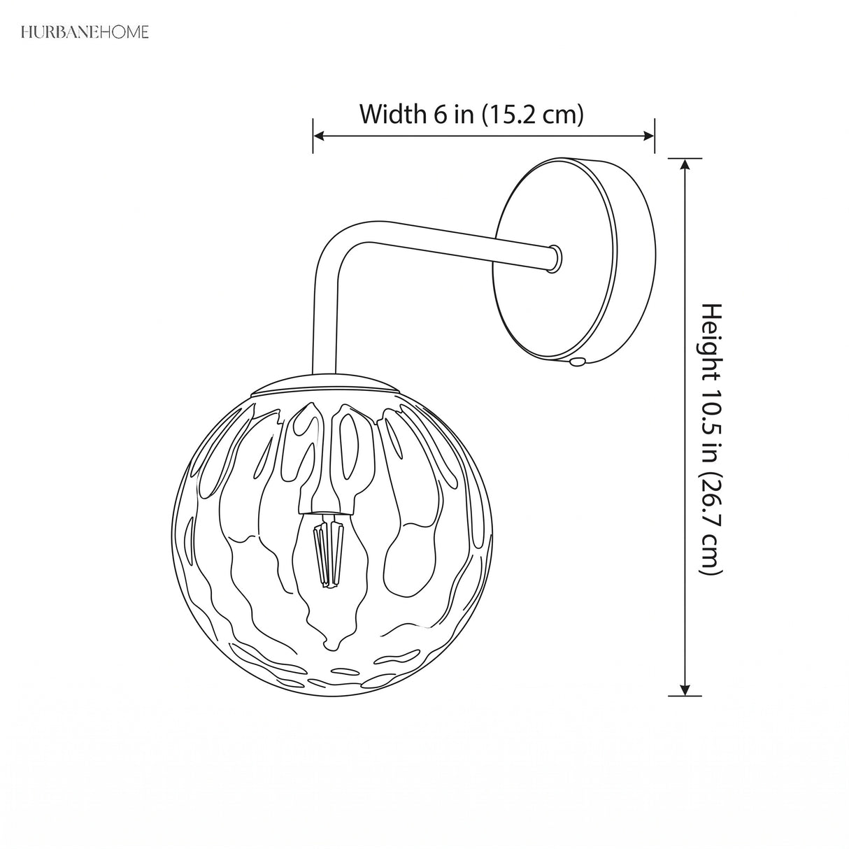 Line drawing of the sconce with width 6 in and height 10.5 in marked