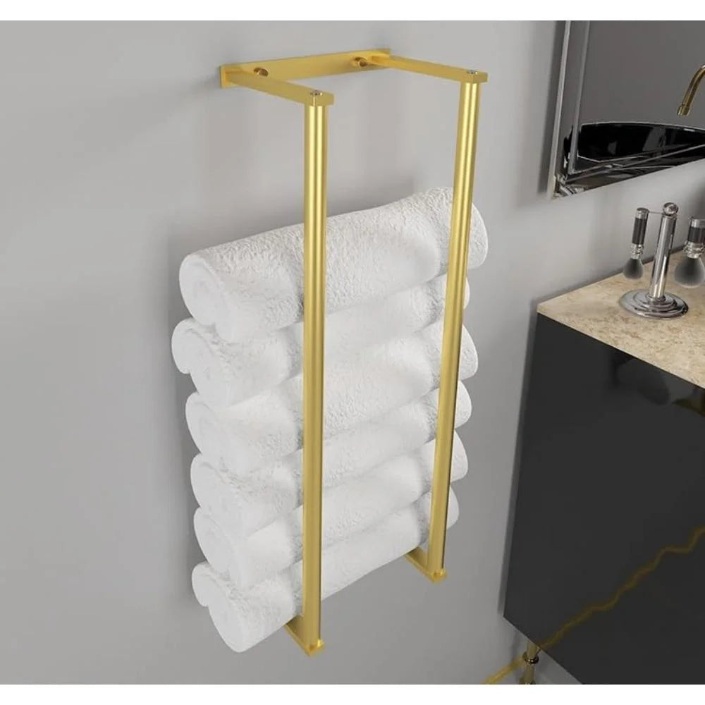 Minimalist golden rolled bath towel rack with vertical towel storage design
