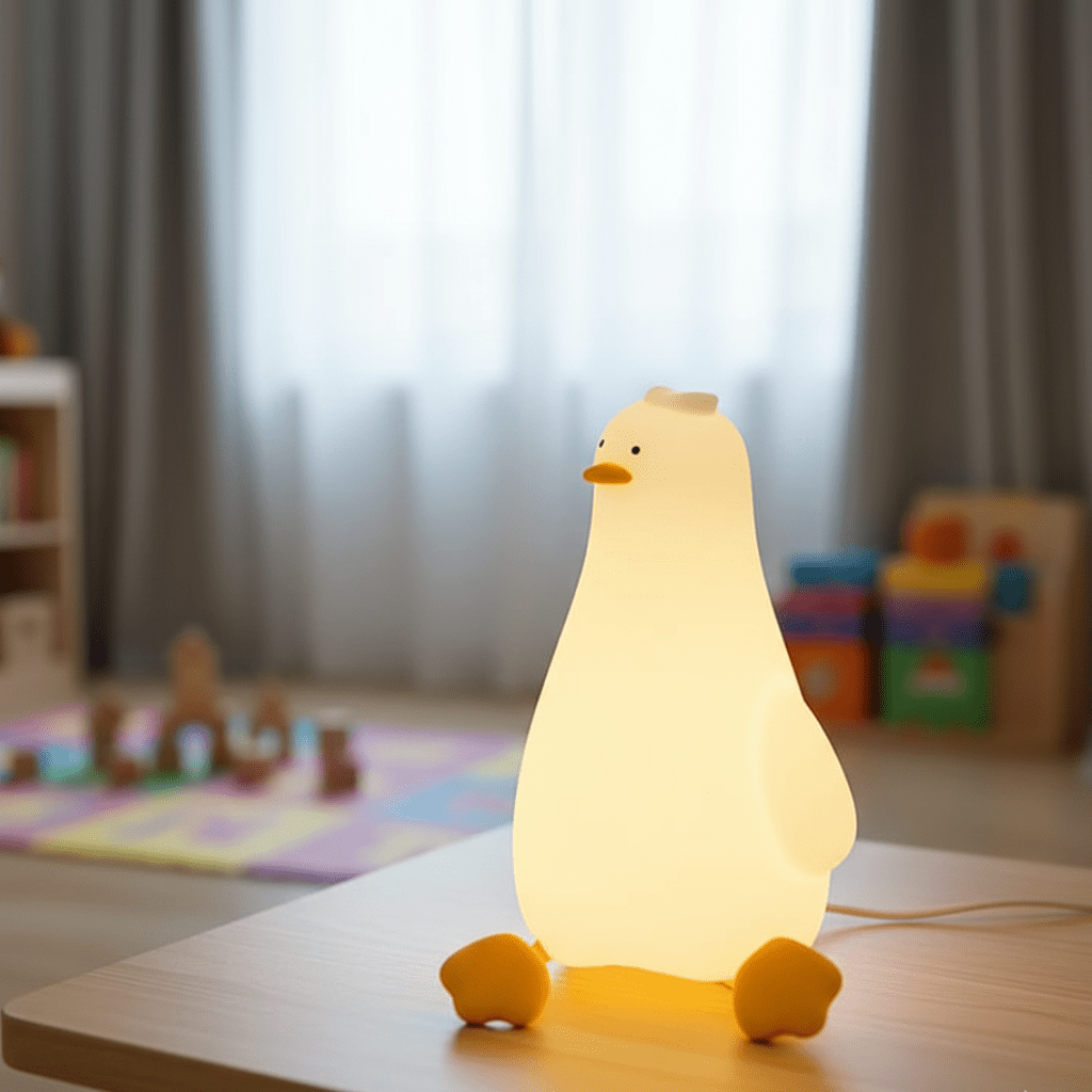 Goose silicone night light glowing warm on a table in a bright playroom