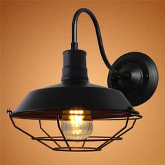 Gooseneck Wall Sconce - Vintage Black Iron Cage Outdoor LED Light Fixture - Hurbane Home