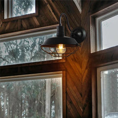 Gooseneck Wall Sconce - Vintage Black Iron Cage Outdoor LED Light Fixture - Hurbane Home
