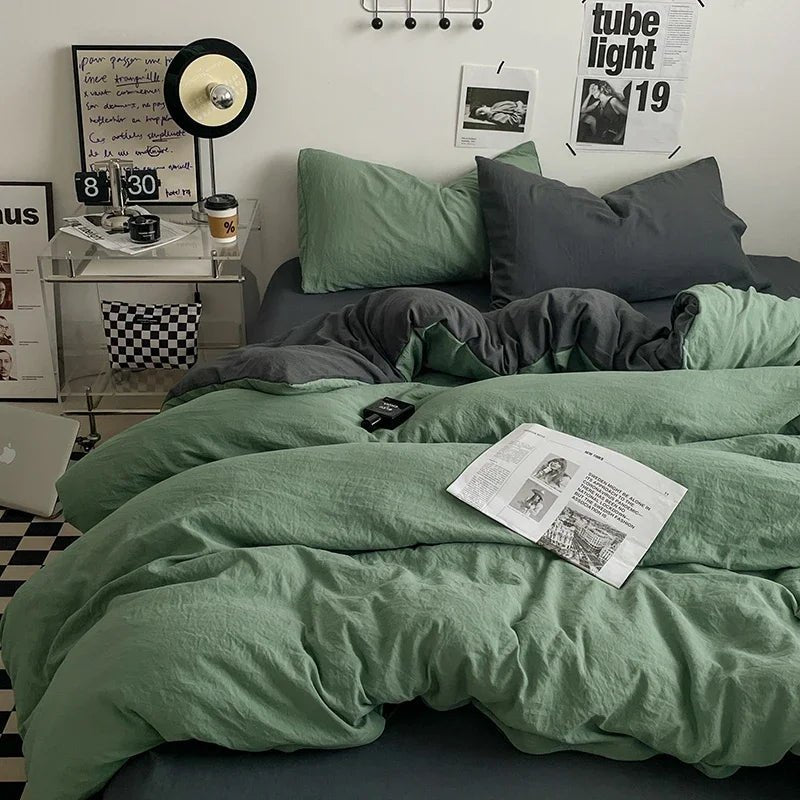 Green Bedding Comforter Set – Solid Color Cotton Bed Sheets with Duvet & Pillowcases - Hurbane Home