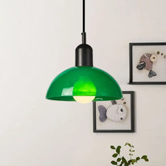 Green shade bowl pendant light with a coloured metal cap swatch