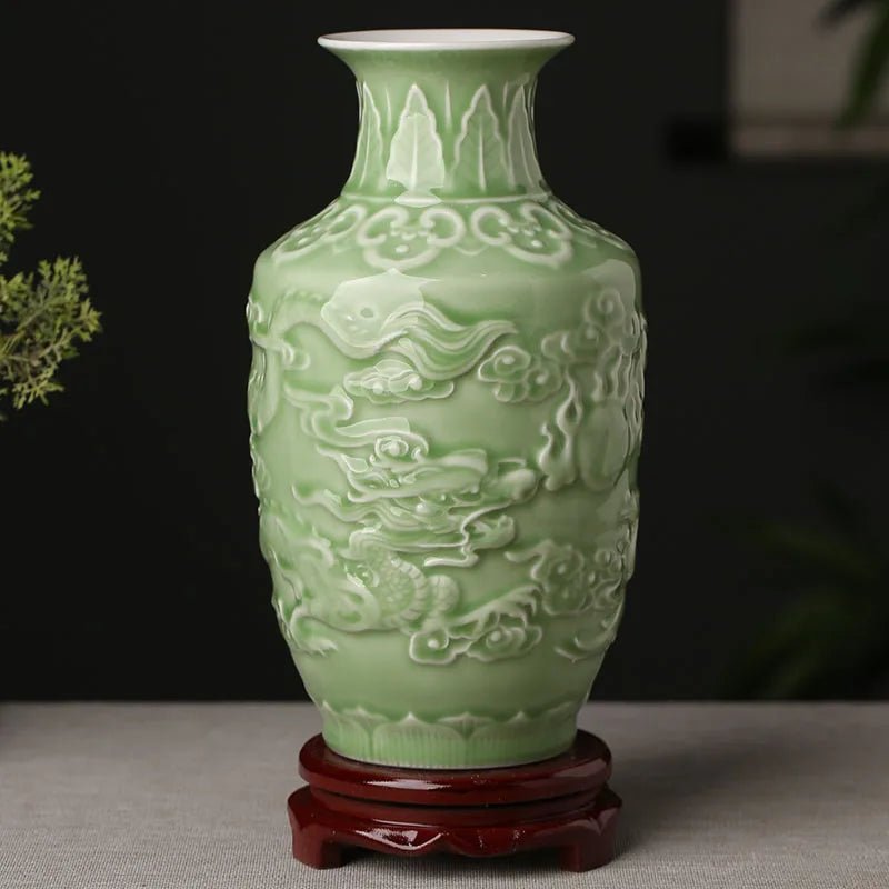 Green Ceramic Vase - Hand Painted Zen Tabletop Flower Arrangement - Hurbane Home