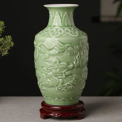 Green Ceramic Vase - Hand Painted Zen Tabletop Flower Arrangement - Hurbane Home