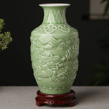 Green Ceramic Vase - Hand Painted Zen Tabletop Flower Arrangement - Hurbane Home