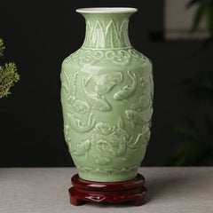 Green Ceramic Vase - Hand Painted Zen Tabletop Flower Arrangement - Hurbane Home