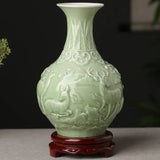 Green Ceramic Vase - Hand Painted Zen Tabletop Flower Arrangement - Hurbane Home