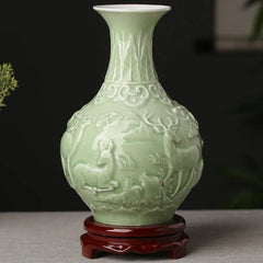 Green Ceramic Vase - Hand Painted Zen Tabletop Flower Arrangement - Hurbane Home