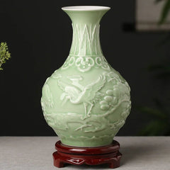 Green Ceramic Vase - Hand Painted Zen Tabletop Flower Arrangement - Hurbane Home