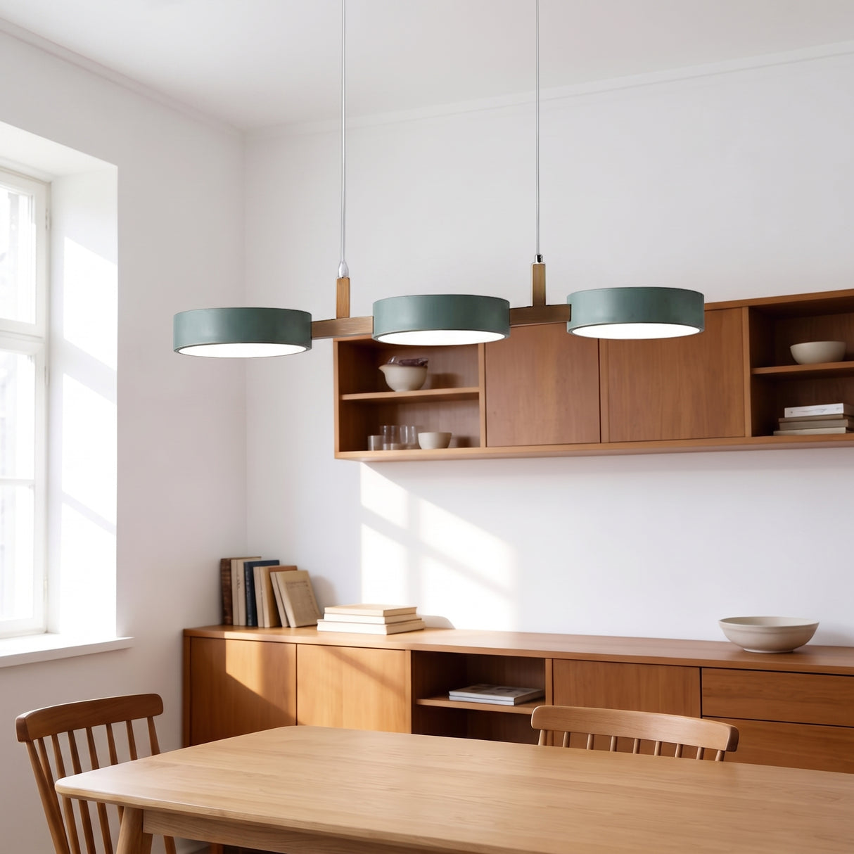 Green drum pendant light over a dining table beside a timber wall unit