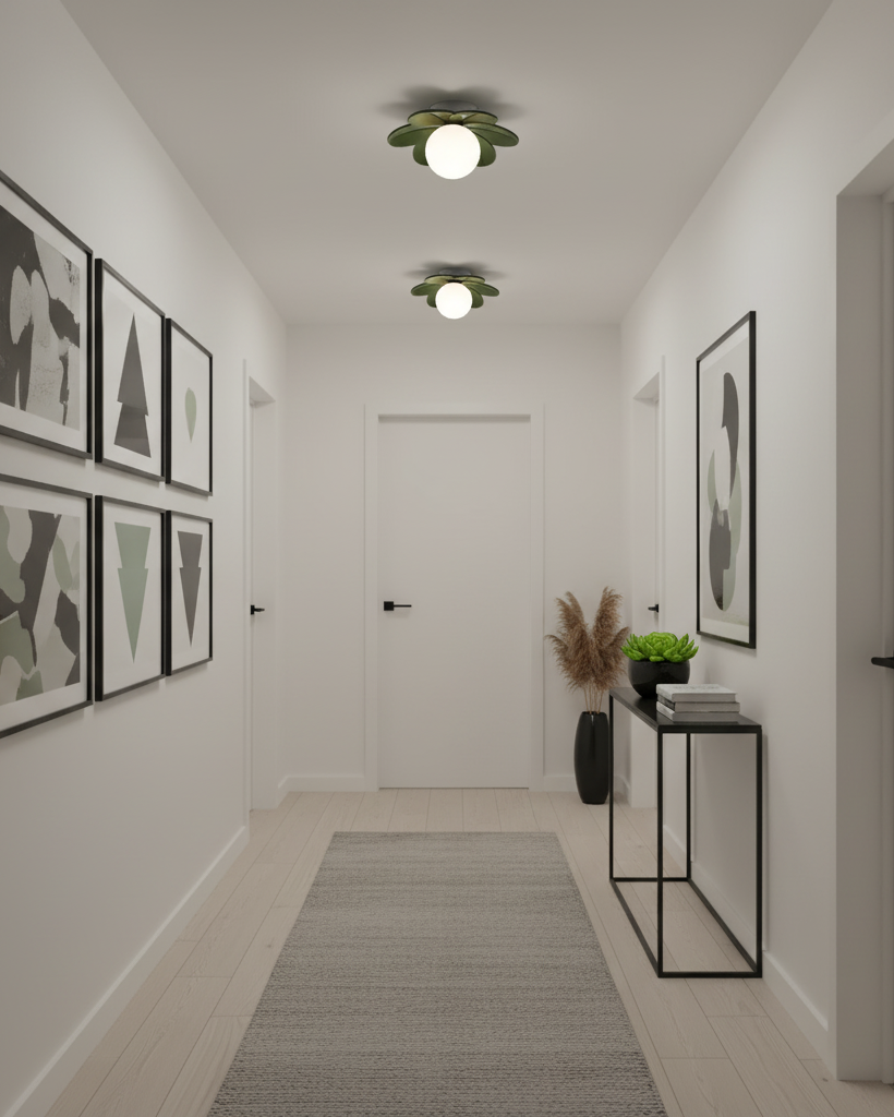 Green flower ceiling lights in a white hallway hung with a grid of framed prints