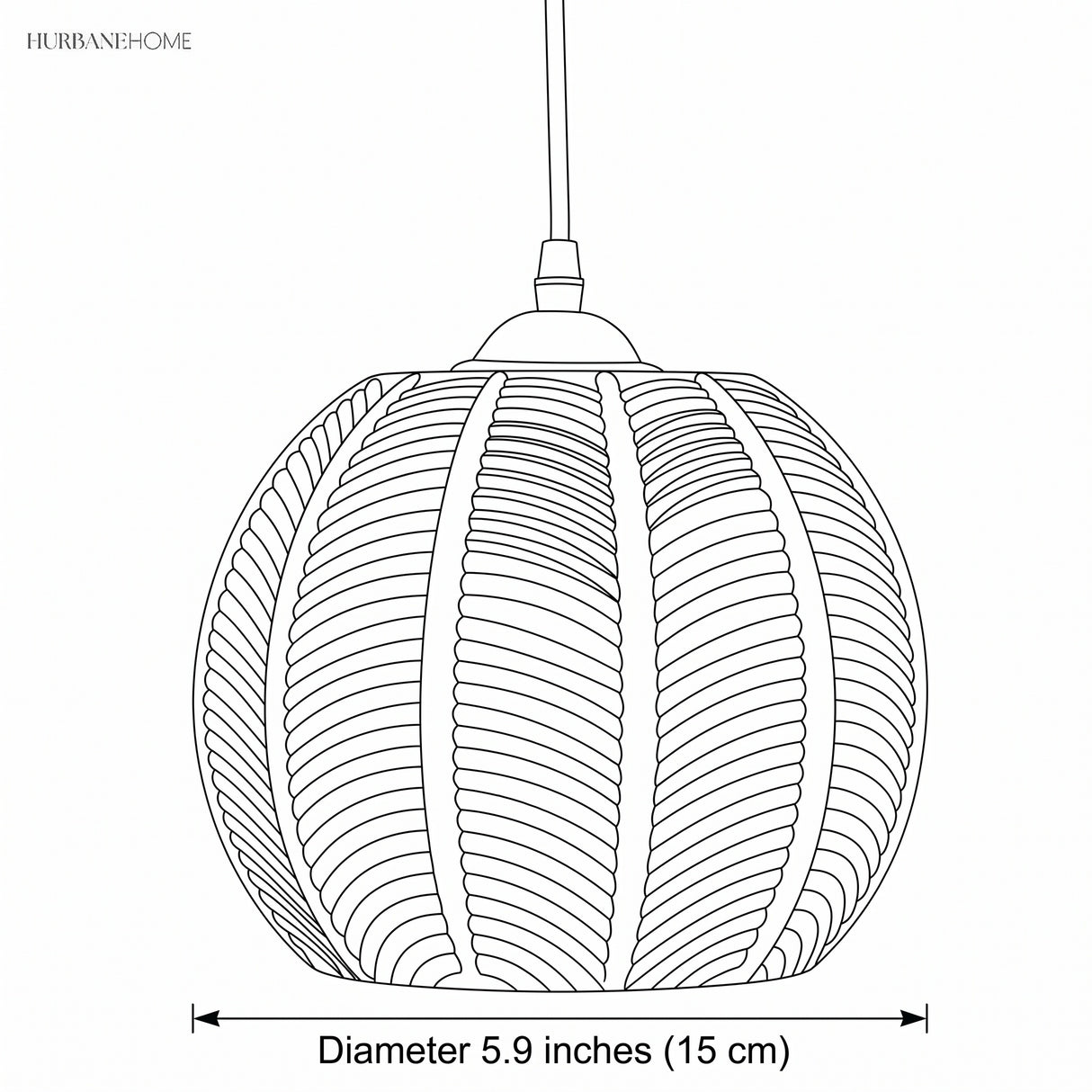 Line drawing of the palm leaf glass globe pendant marked 5.9 inch (15 cm) diameter