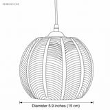 Line drawing of the palm leaf glass globe pendant marked 5.9 inch (15 cm) diameter