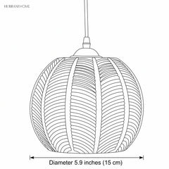Line drawing of the palm leaf glass globe pendant marked 5.9 inch (15 cm) diameter
