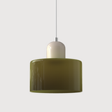 Green glass pendant light with a beige base, front view
