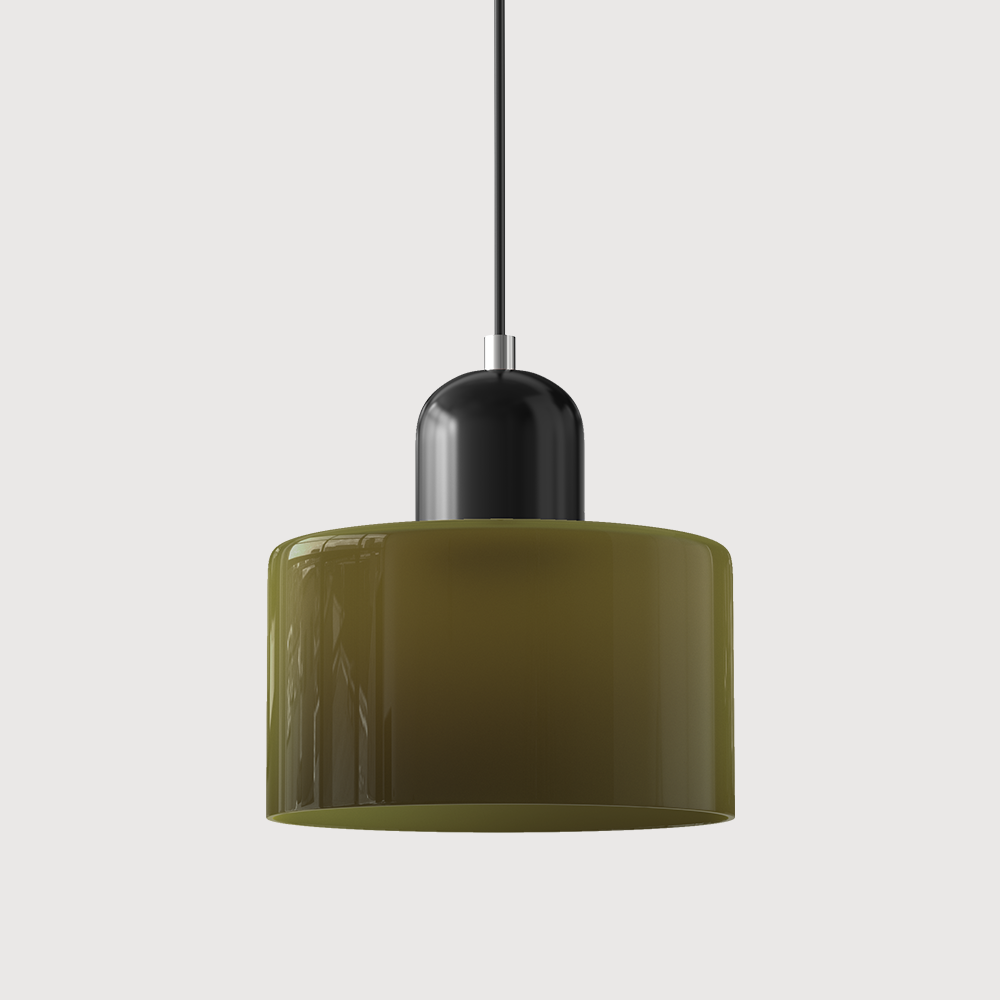 Green glass pendant light with a black base, front view