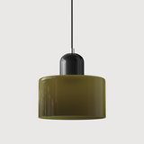 Green glass pendant light with a black base, front view