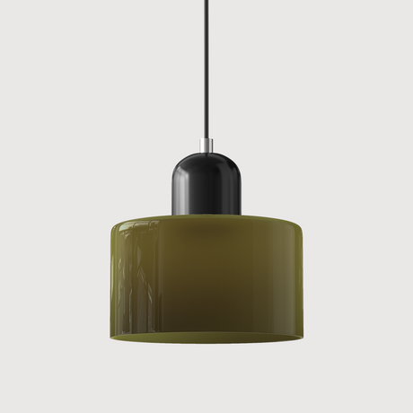 Green glass pendant light with a black base, front view