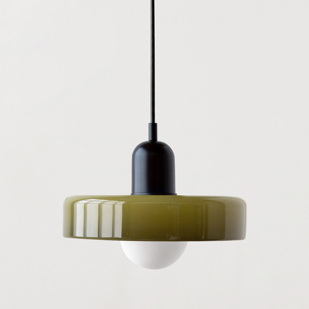 Olive glass disc shade with a matte black lamp holder and black cord